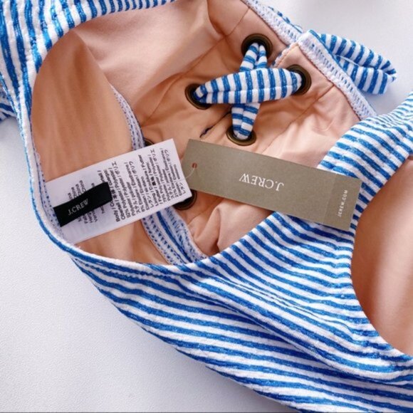 J. Crew | Lace Up Bikini Top Faded Stripe Blue White Preppy Nautical Swimwear XL - Picture 9 of 11